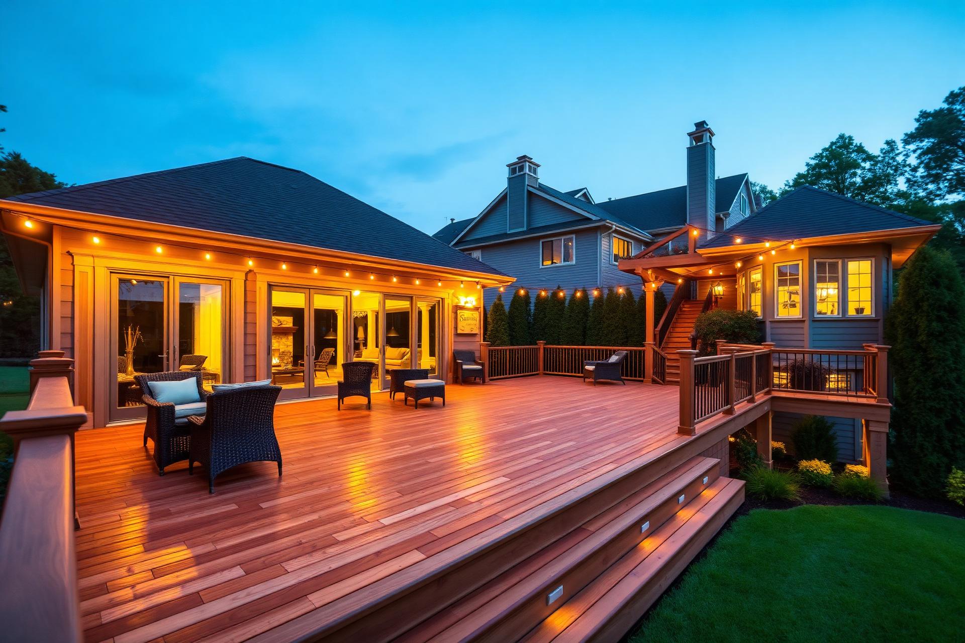 Custom multi-level cedar deck at twilight